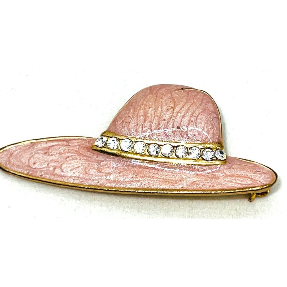 Vintage Pink Hat Brooch With Rhinestones & Gold-Tone Metal